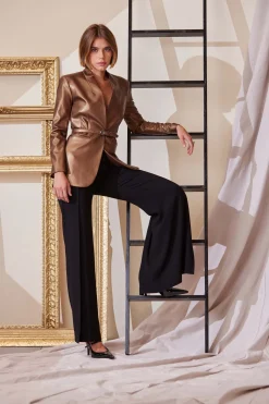 Elie Tahari Metallic Vegan Leather Belted Blazer- Jackets & Blazers