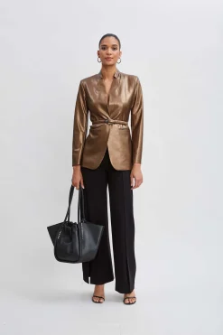 Elie Tahari Metallic Vegan Leather Belted Blazer- Jackets & Blazers