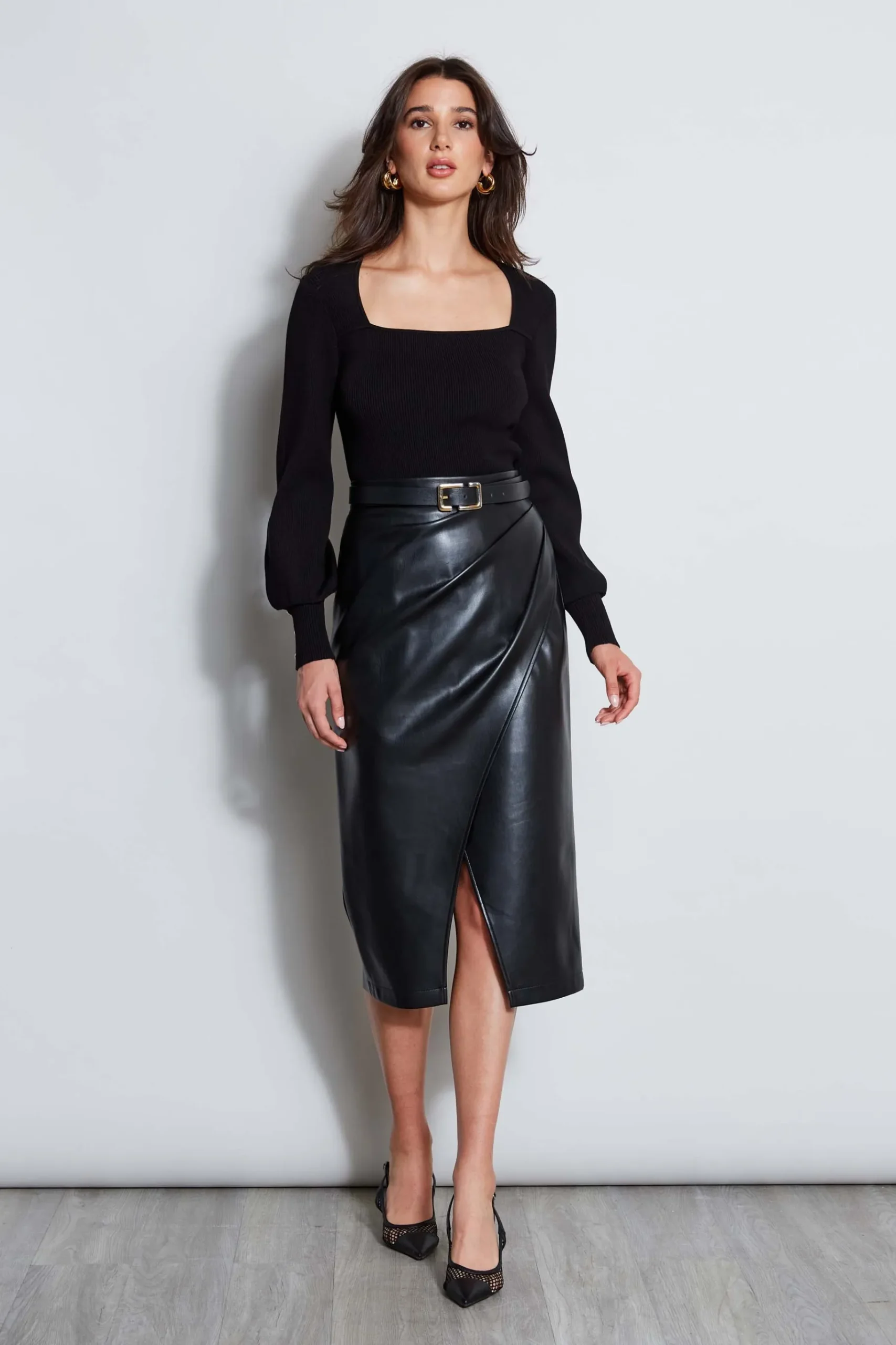 Elie Tahari Midi Vegan Leather Wrap Skirt- Bottoms|Suiting