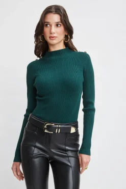 Elie Tahari Mock Neck Button Sweater- Tops & Sweaters