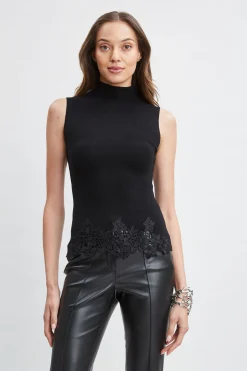 Elie Tahari Mock Neck Lace Hem Sleeveless Sweater- Tops & Sweaters