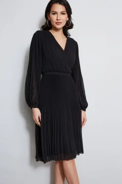 Elie Tahari Mock Wrap Pleated Dress- Dresses & Jumpsuits|Long Sleeve Dresses