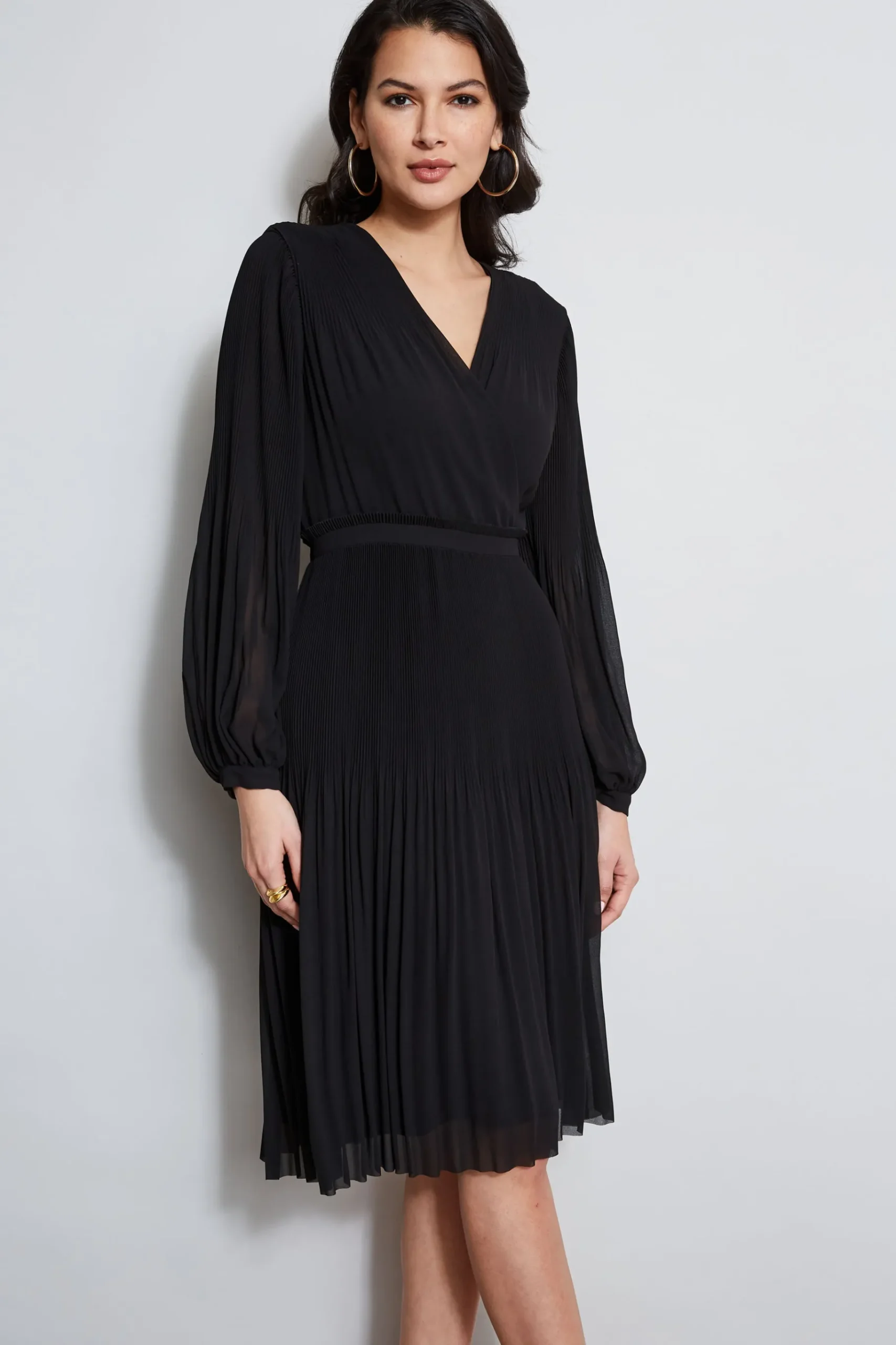Elie Tahari Mock Wrap Pleated Dress- Dresses & Jumpsuits|Long Sleeve Dresses