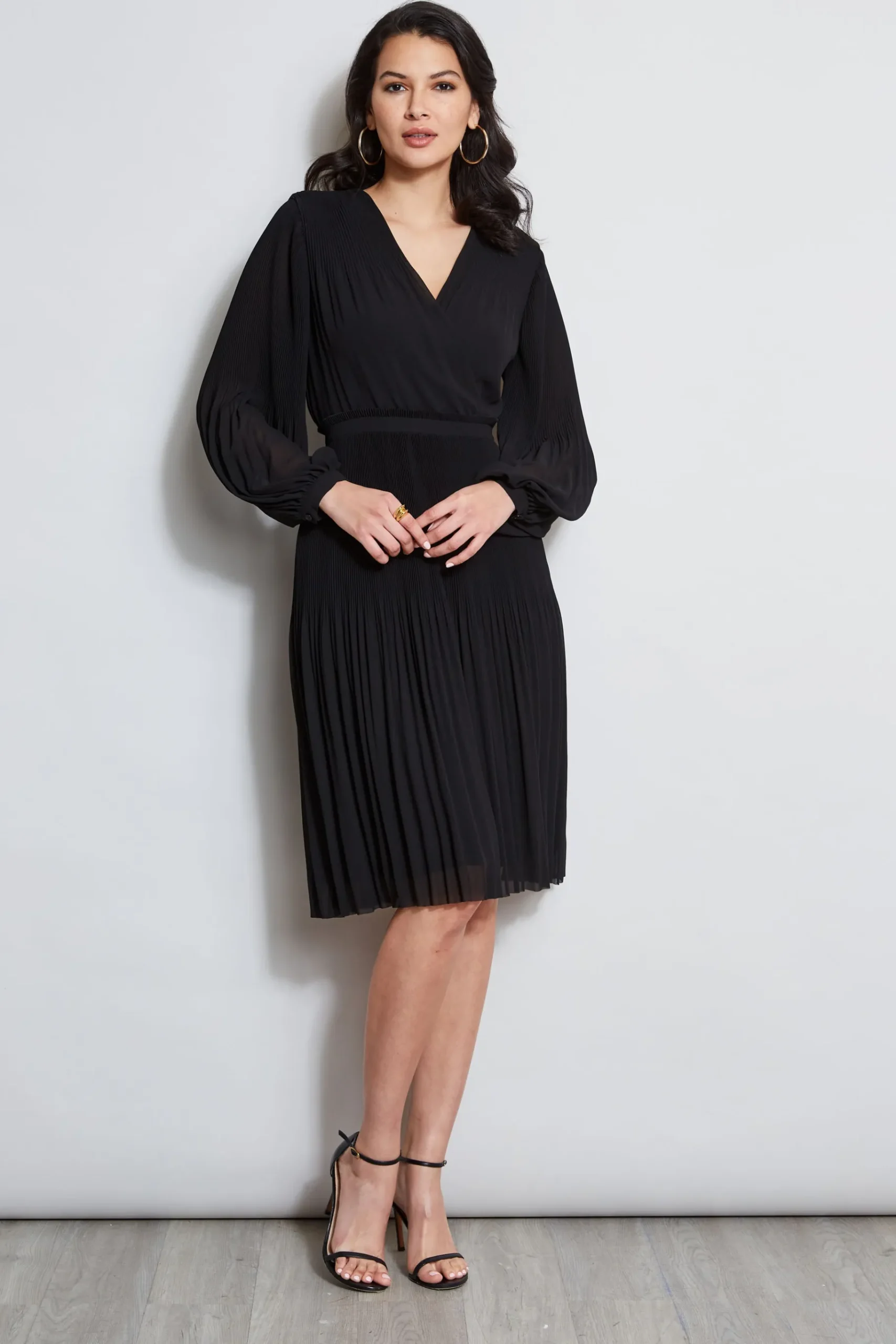 Elie Tahari Mock Wrap Pleated Dress- Dresses & Jumpsuits|Long Sleeve Dresses