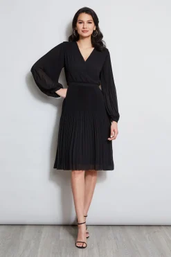 Elie Tahari Mock Wrap Pleated Dress- Dresses & Jumpsuits|Long Sleeve Dresses