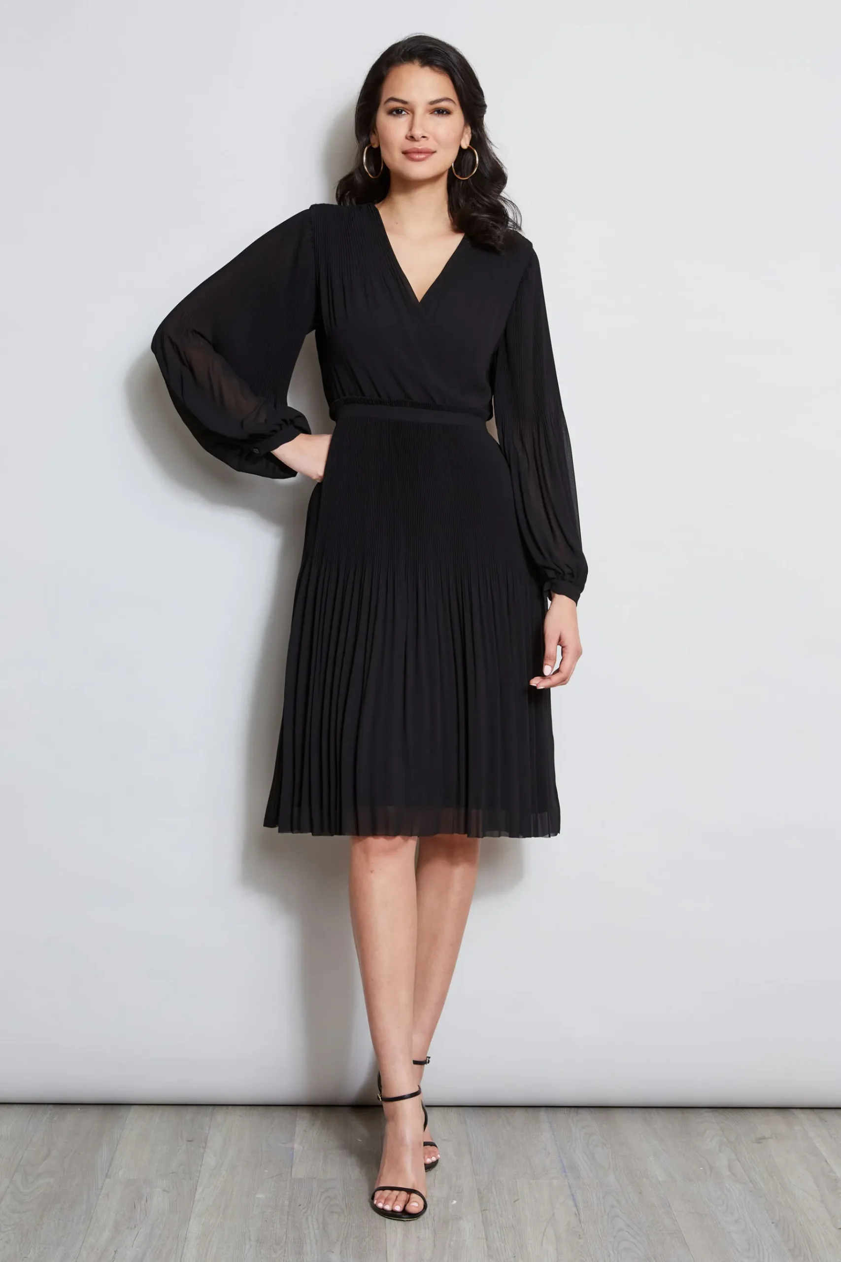 Elie Tahari Mock Wrap Pleated Dress- Dresses & Jumpsuits|Long Sleeve Dresses