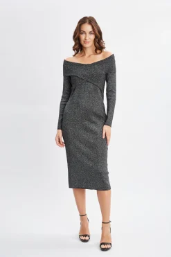 Elie Tahari Off Shoulder Metallic Sweater Dress- Dresses & Jumpsuits