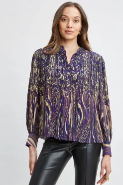 Elie Tahari Paisley Micro Pleat Shirt- Tops & Sweaters