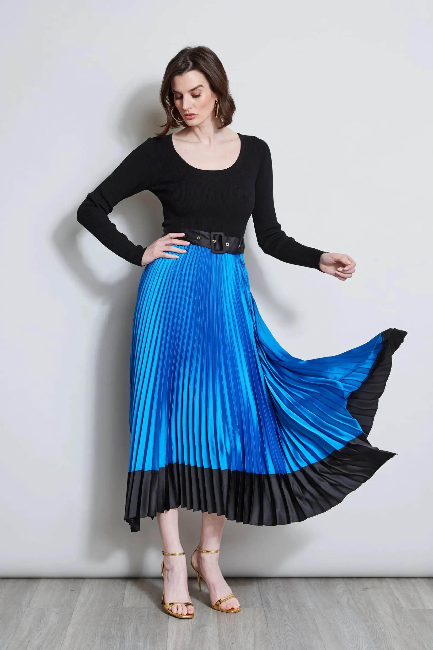 Elie Tahari Pleated Belted Dress- Dresses & Jumpsuits|Midi Dresses