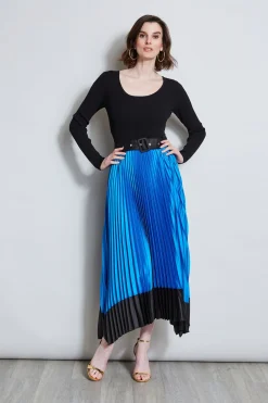 Elie Tahari Pleated Belted Dress- Dresses & Jumpsuits|Midi Dresses