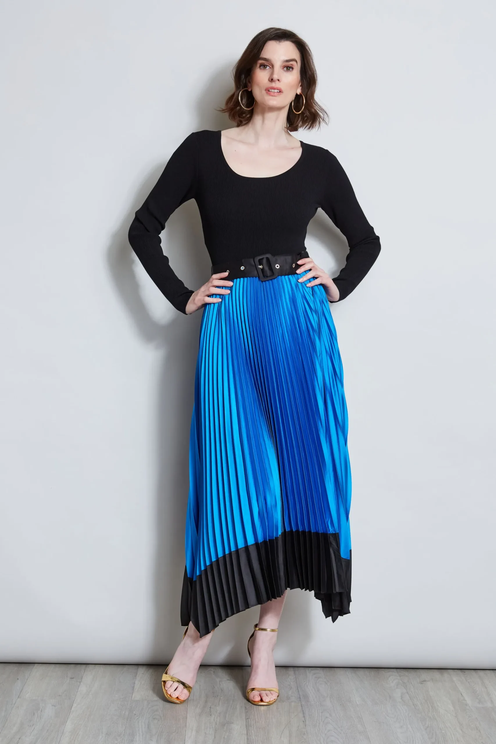 Elie Tahari Pleated Belted Dress- Dresses & Jumpsuits|Midi Dresses