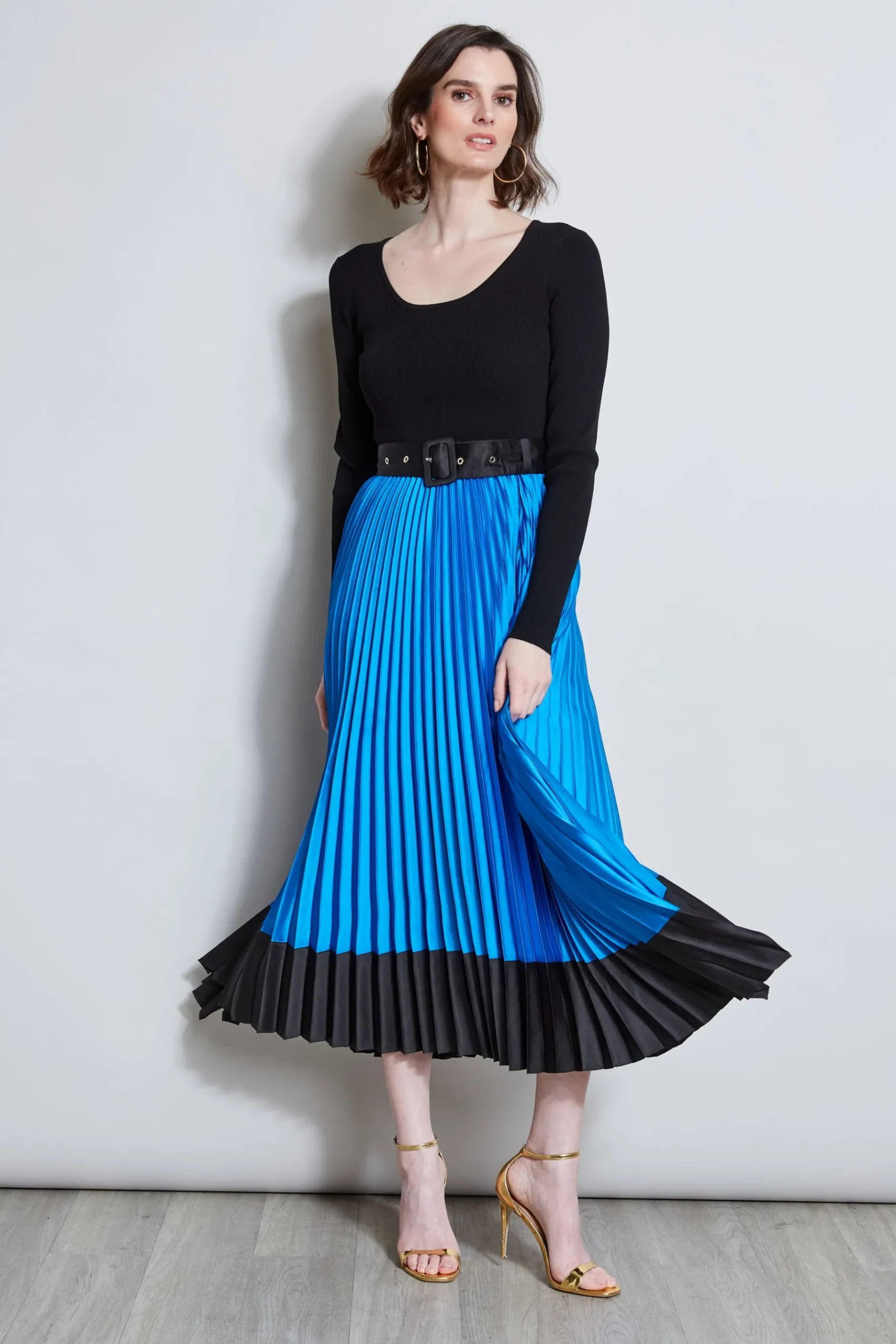 Elie Tahari Pleated Belted Dress- Dresses & Jumpsuits|Midi Dresses