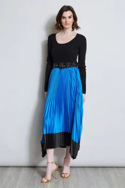Elie Tahari Pleated Belted Dress- Dresses & Jumpsuits|Midi Dresses