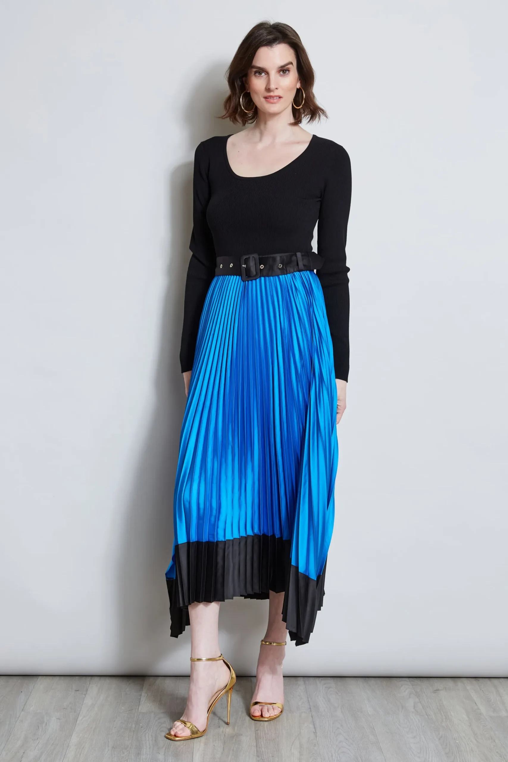 Elie Tahari Pleated Belted Dress- Dresses & Jumpsuits|Midi Dresses