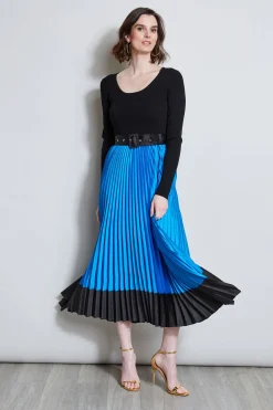 Elie Tahari Pleated Belted Dress- Dresses & Jumpsuits|Midi Dresses