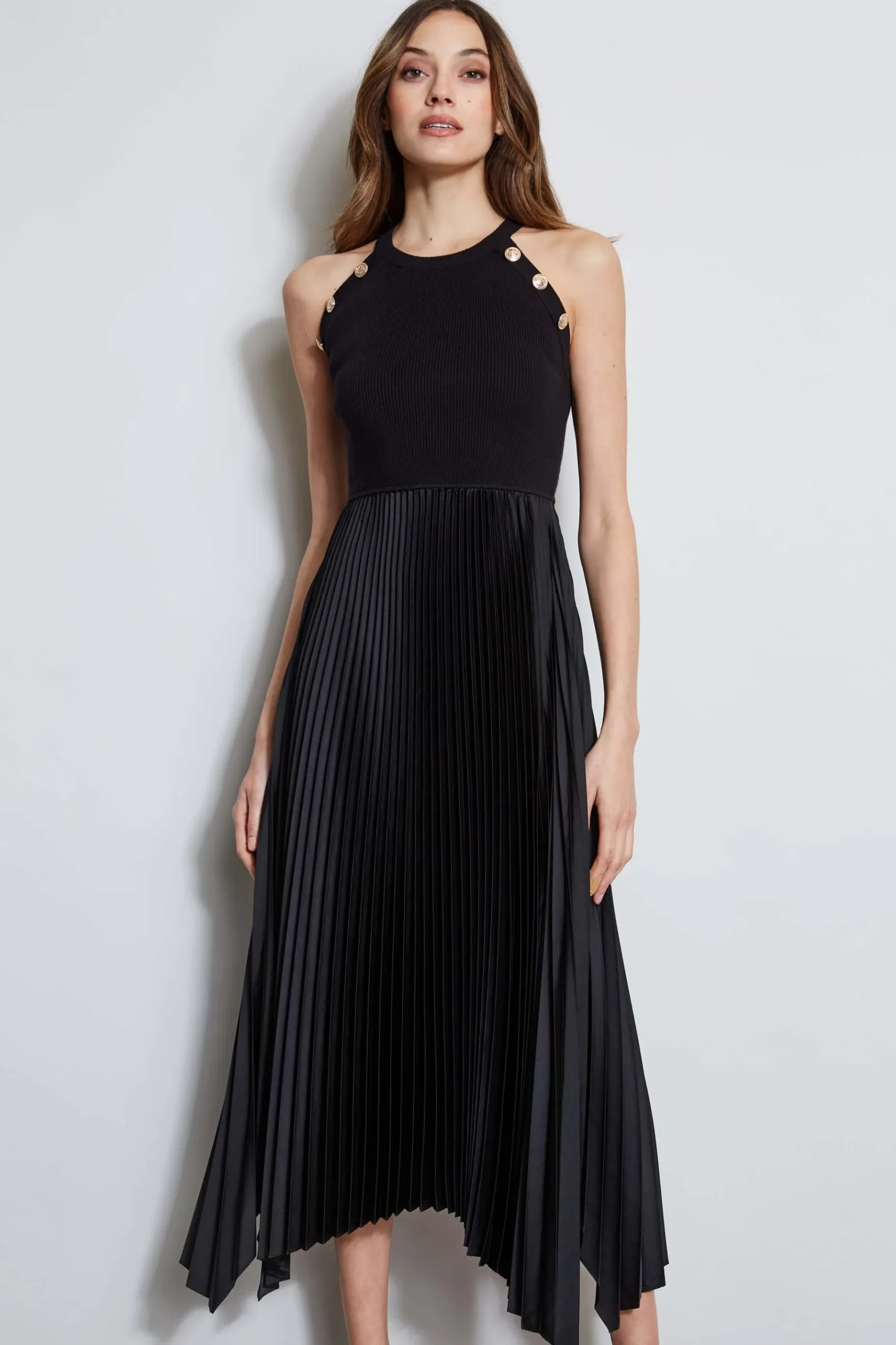 Elie Tahari Pleated Halter Midi Dress- Dresses & Jumpsuits|Sleeveless Dresses