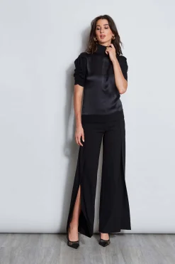 Elie Tahari Puff Sleeve Satin Front Sweater- Tops & Sweaters