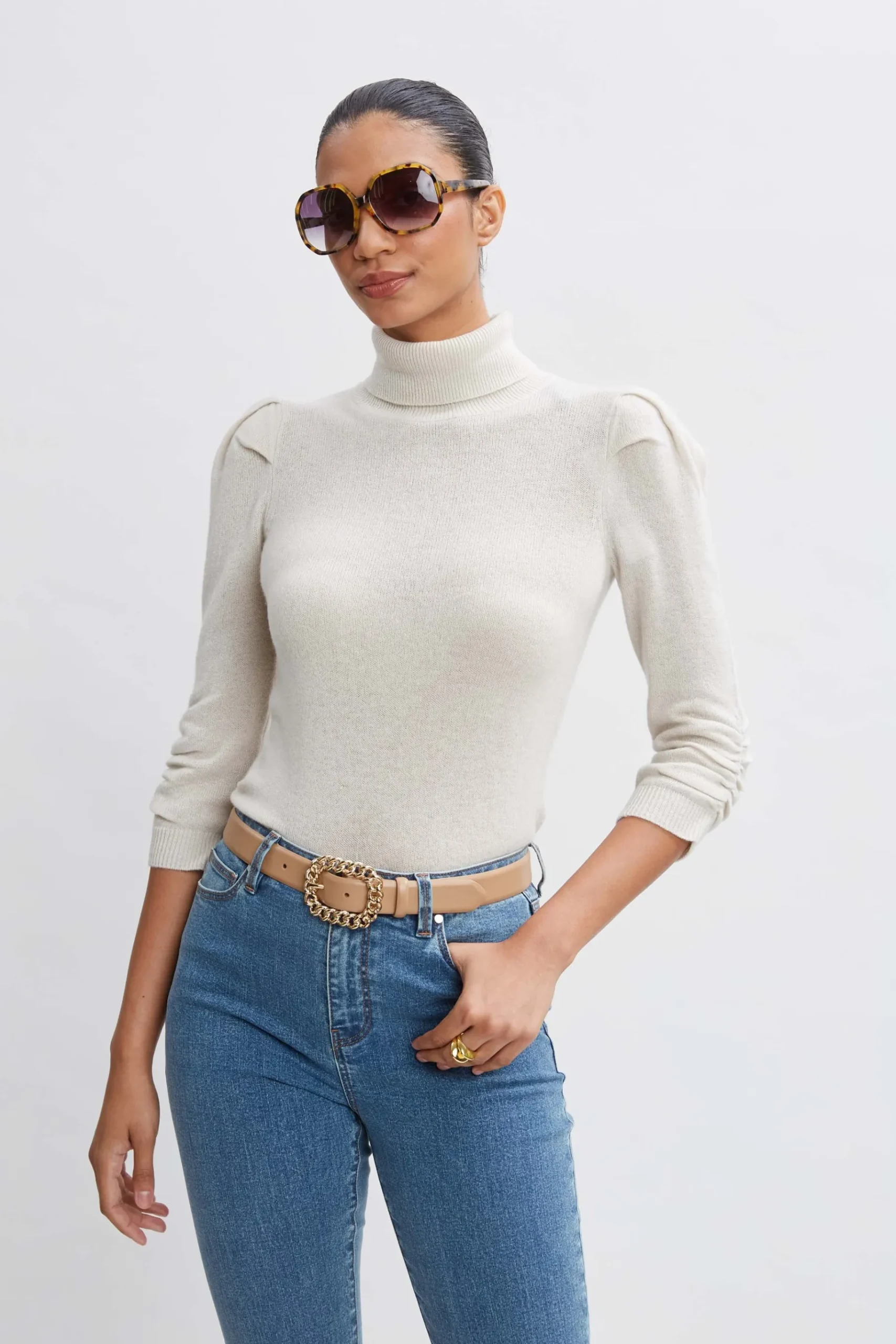 Elie Tahari Ruched Sleeve Cashmere Wool Sweater- Tops & Sweaters