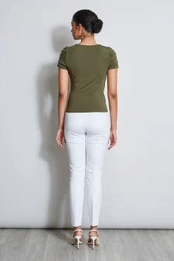 Elie Tahari Ruched Sleeve V-Neck Knit- Tops & Sweaters