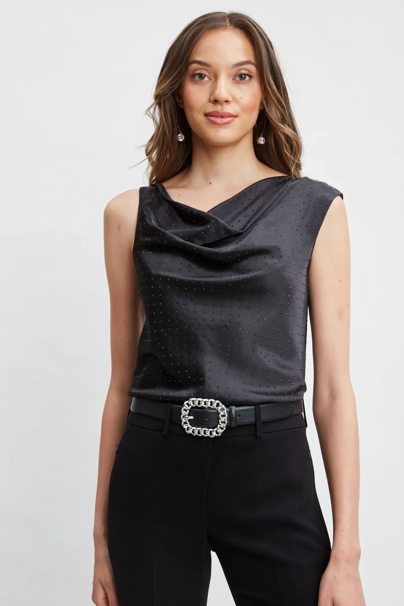 Elie Tahari Satin Crystal Cowl Top- Tops & Sweaters