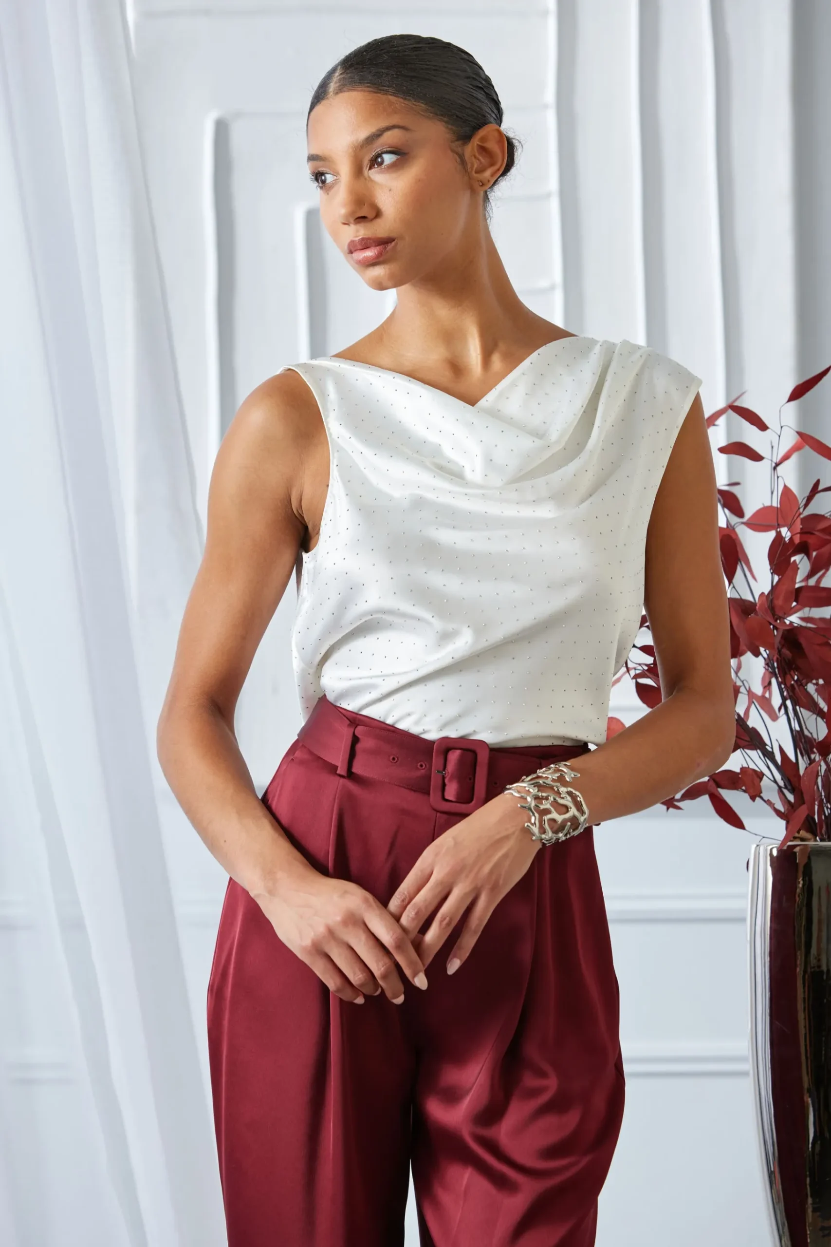 Elie Tahari Satin Crystal Cowl Top- Tops & Sweaters