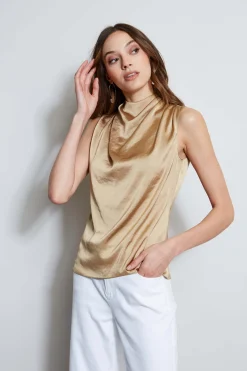 Elie Tahari Satin Draped Neck Top- Tops & Sweaters