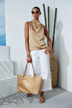 Elie Tahari Satin Draped Neck Top- Tops & Sweaters