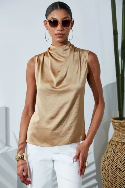 Elie Tahari Satin Draped Neck Top- Tops & Sweaters
