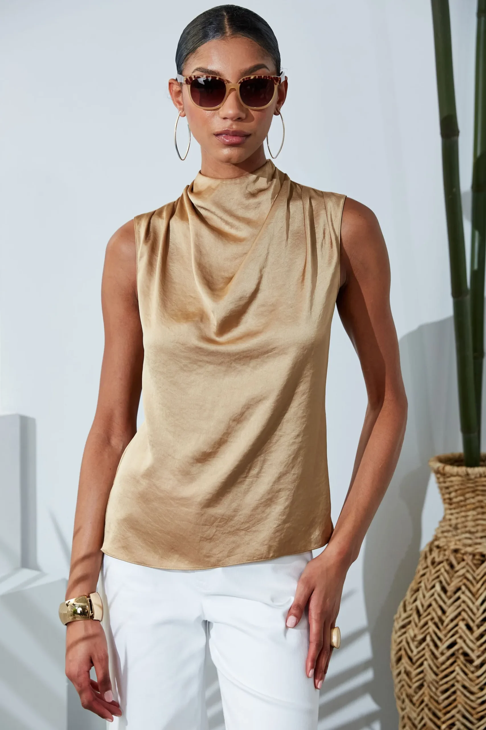 Elie Tahari Satin Draped Neck Top- Tops & Sweaters