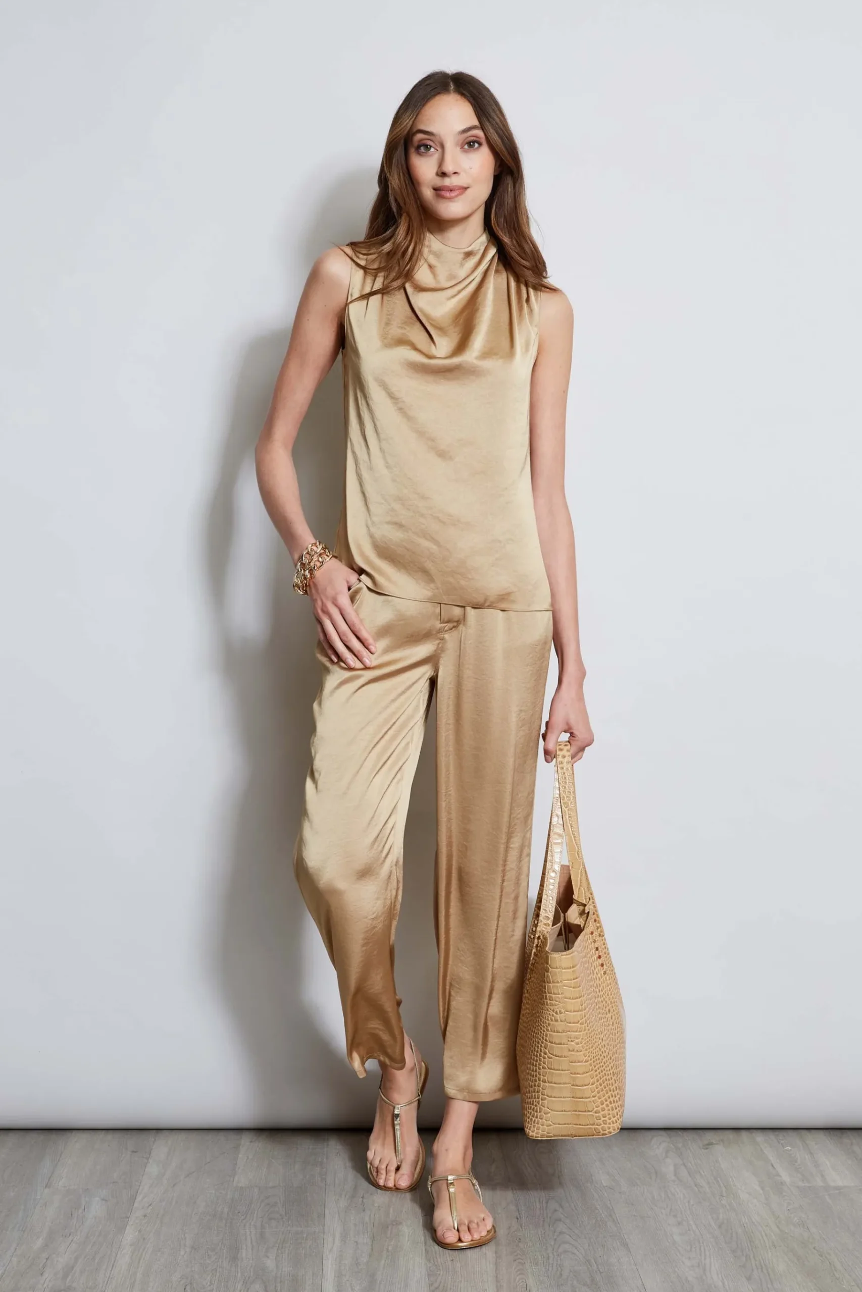 Elie Tahari Satin Draped Neck Top- Tops & Sweaters