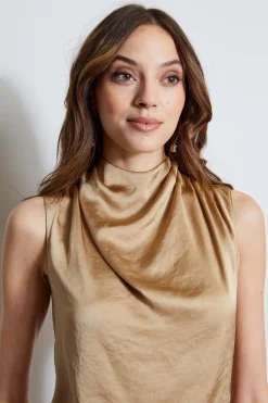 Elie Tahari Satin Draped Neck Top- Tops & Sweaters
