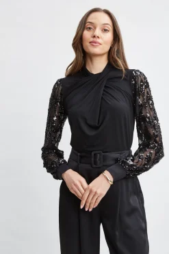 Elie Tahari Sequin Sleeve Twist Neck Knit- Tops & Sweaters