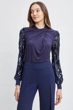 Elie Tahari Sequin Sleeve Twist Neck Knit- Tops & Sweaters