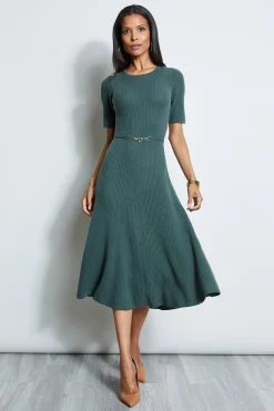 Elie Tahari Short Sleeve Cashmere Belted Dress- Short Sleeve Dresses|Midi Dresses
