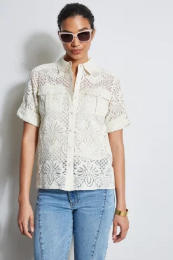 Elie Tahari Short Sleeve Lace Utility Shirt- Tops & Sweaters
