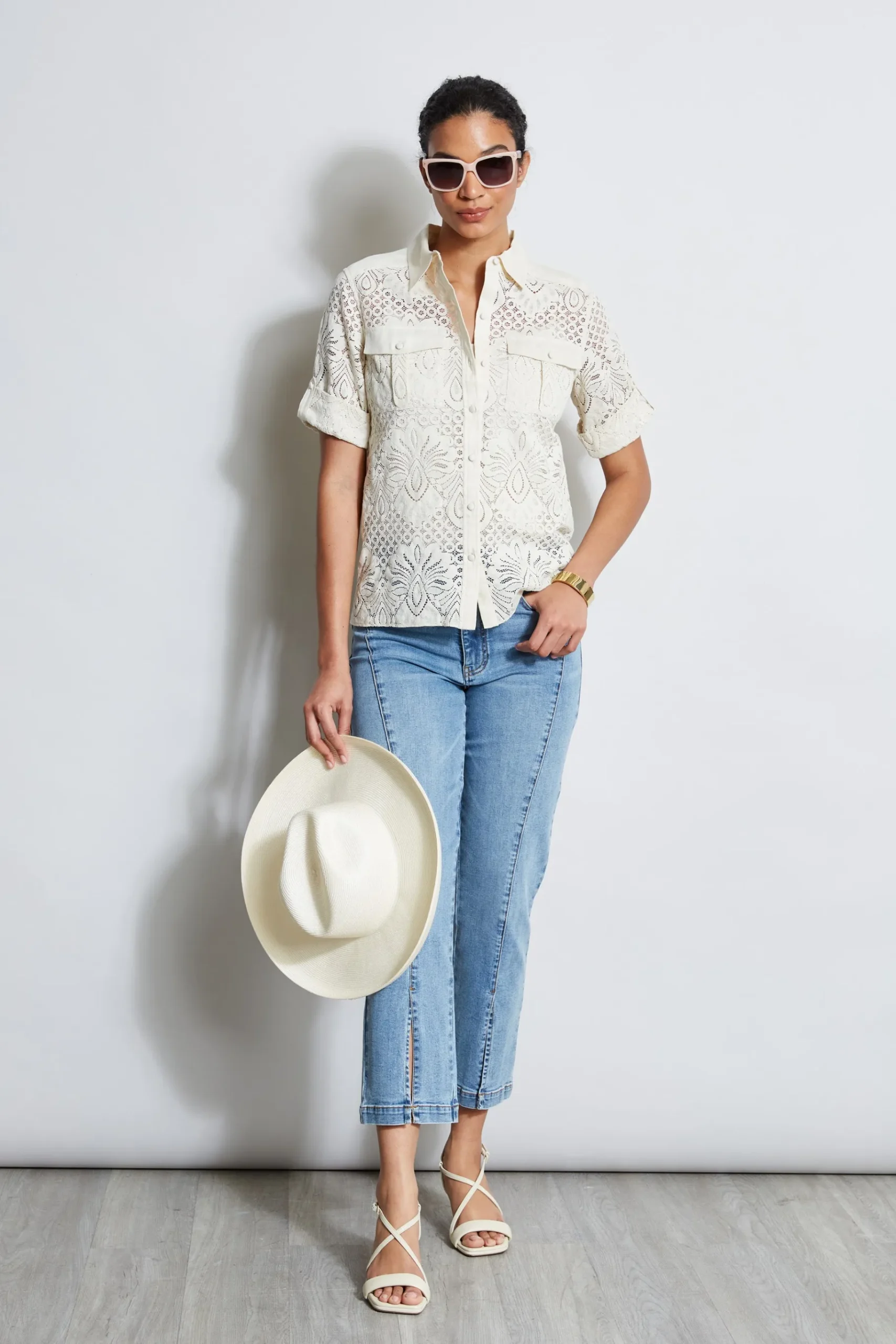 Elie Tahari Short Sleeve Lace Utility Shirt- Tops & Sweaters
