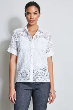Elie Tahari Short Sleeve Lace Utility Shirt- Tops & Sweaters