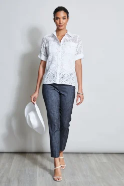 Elie Tahari Short Sleeve Lace Utility Shirt- Tops & Sweaters