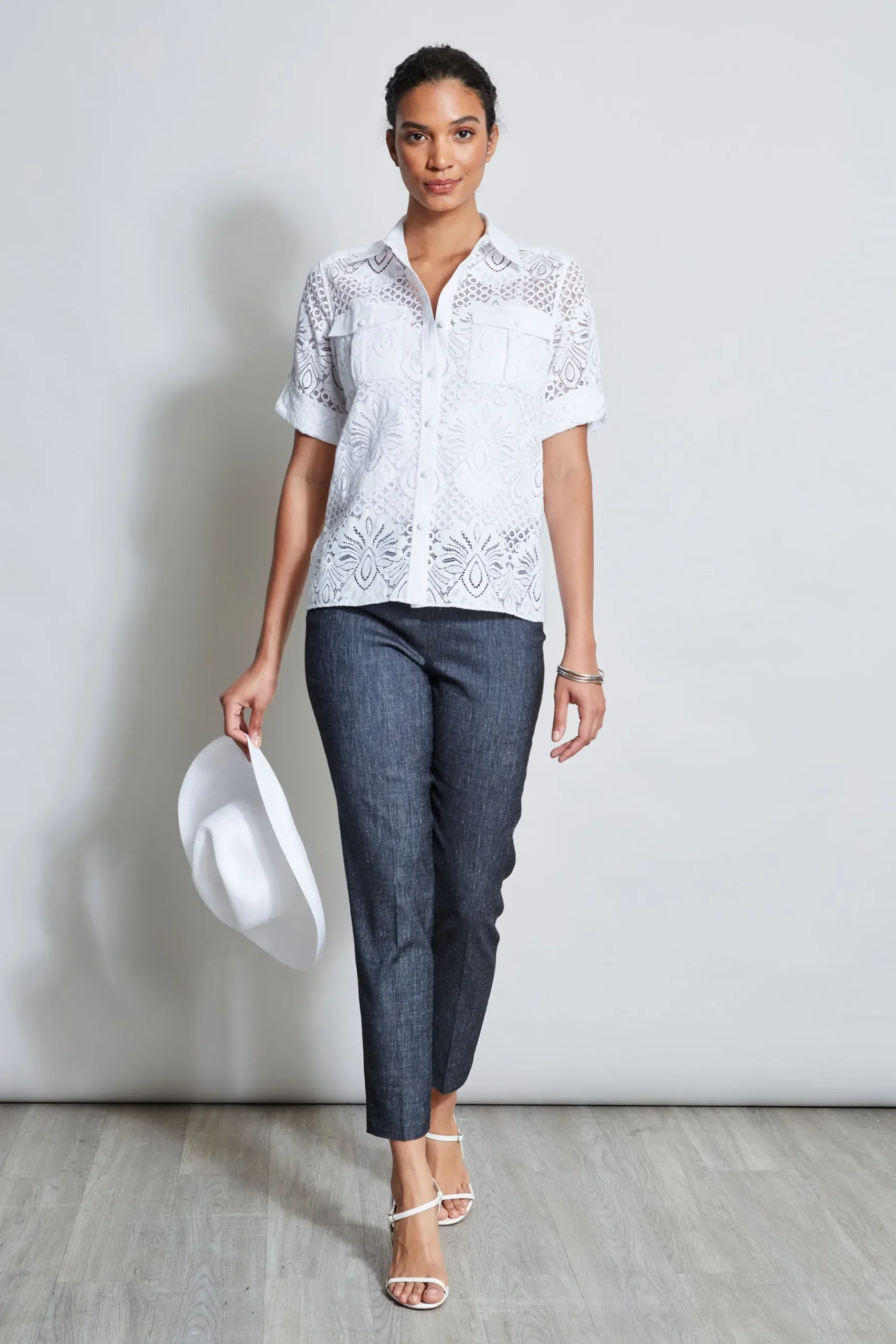 Elie Tahari Short Sleeve Lace Utility Shirt- Tops & Sweaters