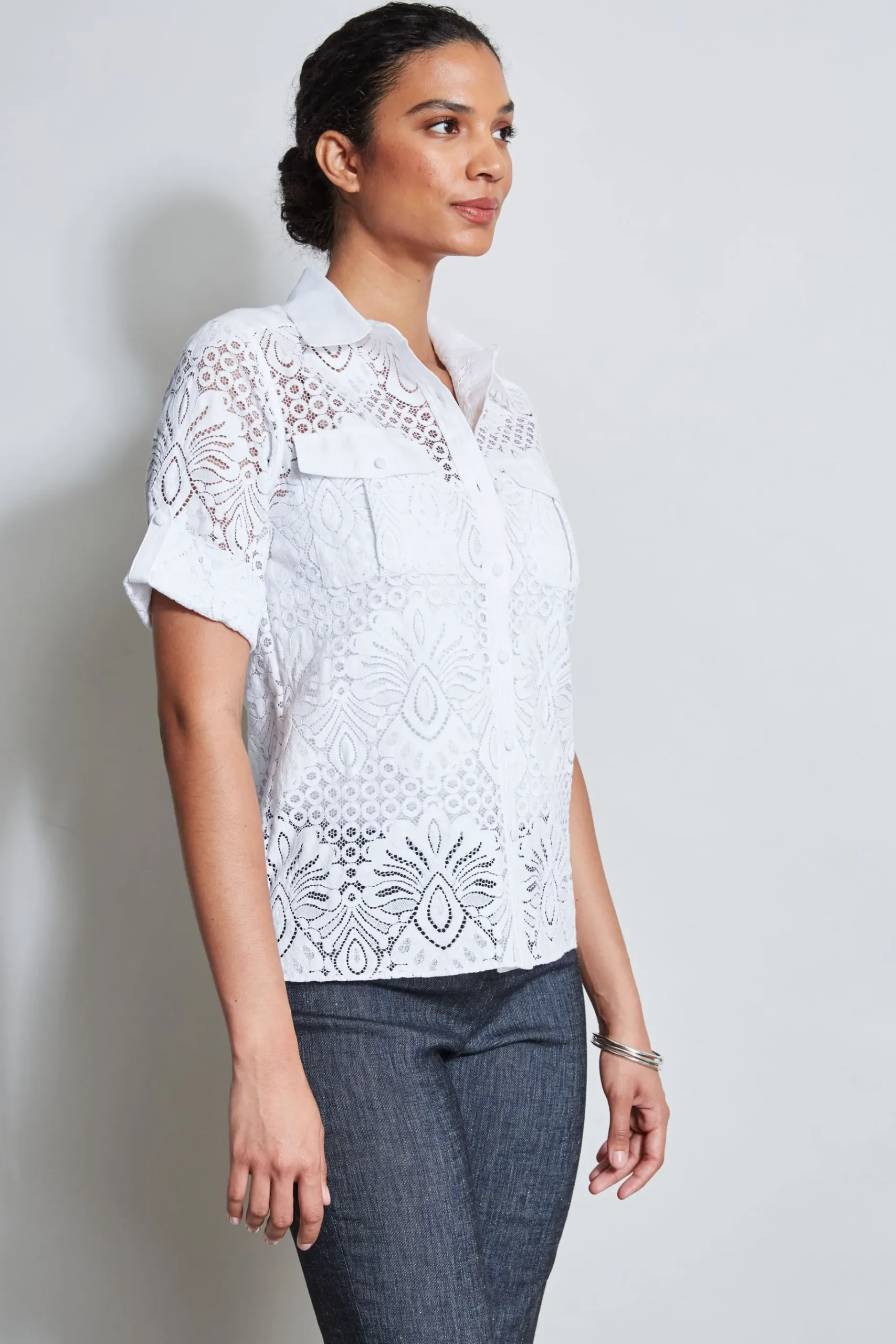 Elie Tahari Short Sleeve Lace Utility Shirt- Tops & Sweaters