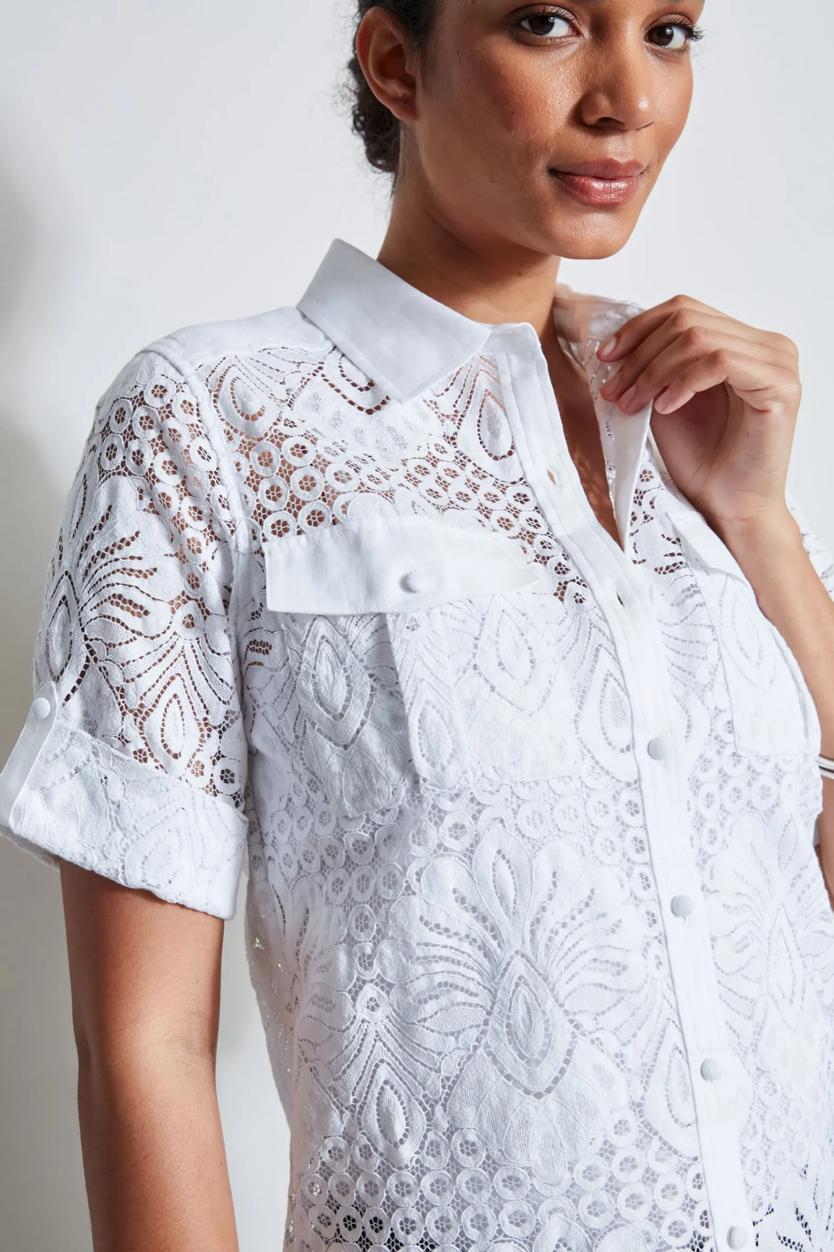 Elie Tahari Short Sleeve Lace Utility Shirt- Tops & Sweaters