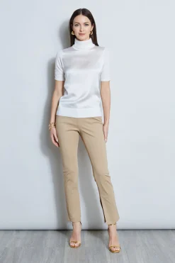 Elie Tahari Short Sleeve Satin Front Sweater- Tops & Sweaters