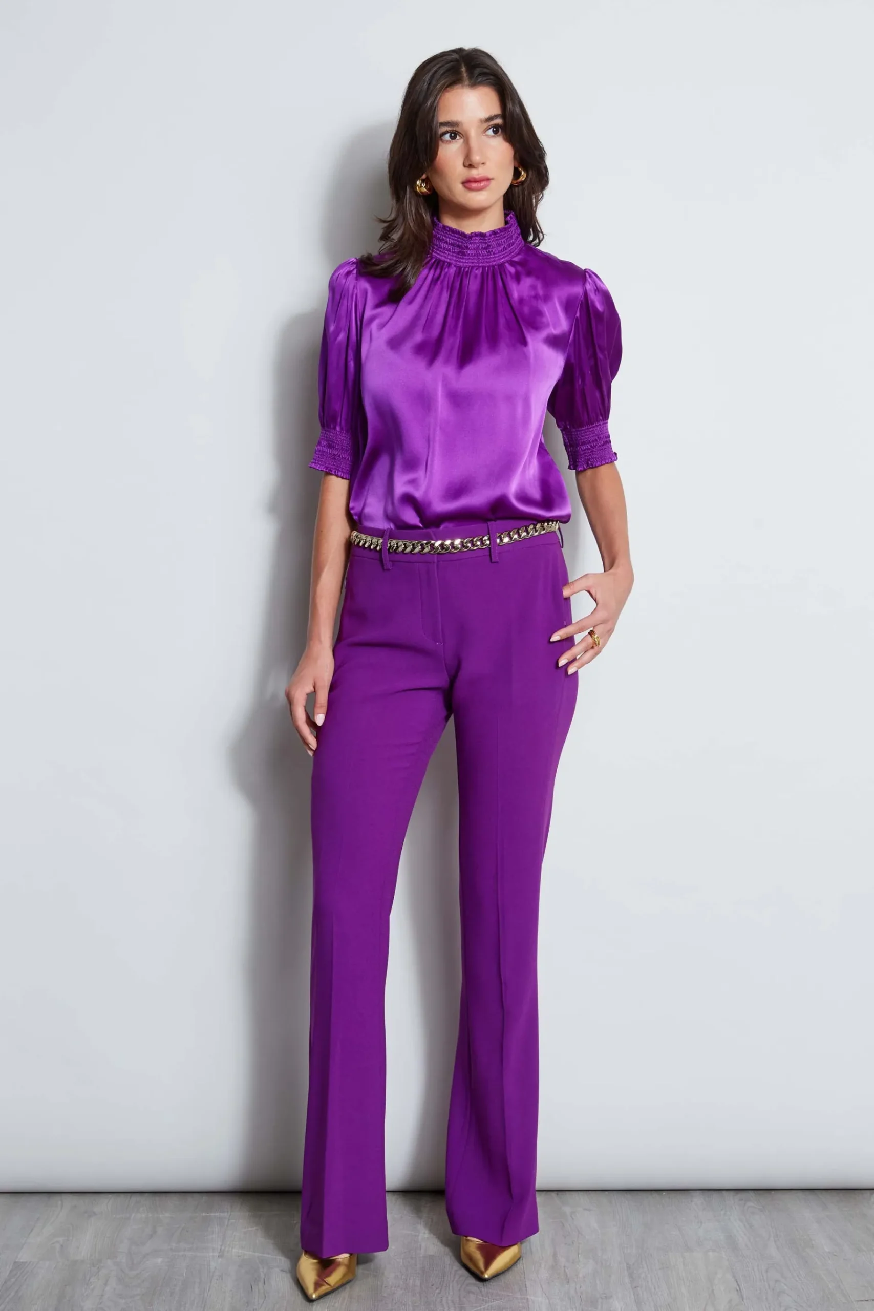 Elie Tahari Short Sleeve Silk Satin Smocked Shirt- Tops & Sweaters|Suiting