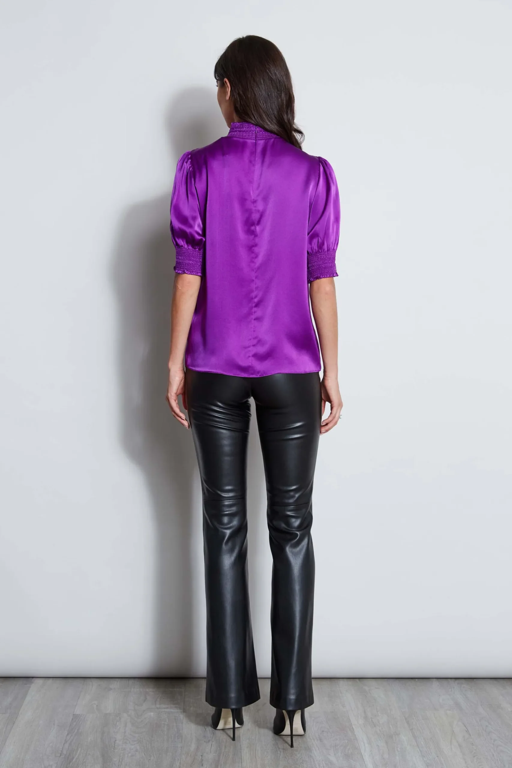 Elie Tahari Short Sleeve Silk Satin Smocked Shirt- Tops & Sweaters|Suiting