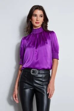 Elie Tahari Short Sleeve Silk Satin Smocked Shirt- Tops & Sweaters|Suiting