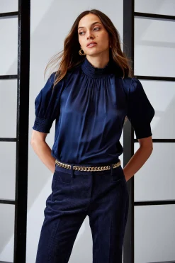 Elie Tahari Short Sleeve Silk Satin Smocked Shirt- Tops & Sweaters|Suiting