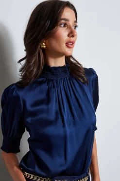 Elie Tahari Short Sleeve Silk Satin Smocked Shirt- Tops & Sweaters|Suiting