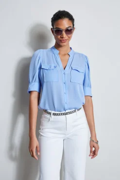 Elie Tahari Short Sleeve Silk Utility Shirt- Tops & Sweaters