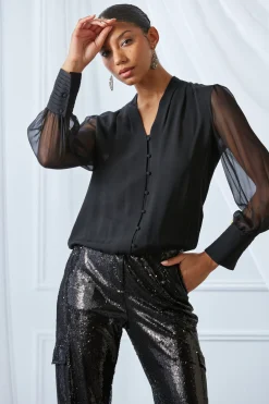 Elie Tahari Silk Blouson Button Shirt- Tops & Sweaters