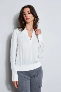 Elie Tahari Silk Contour Neck Rib Trim Shirt- Tops & Sweaters